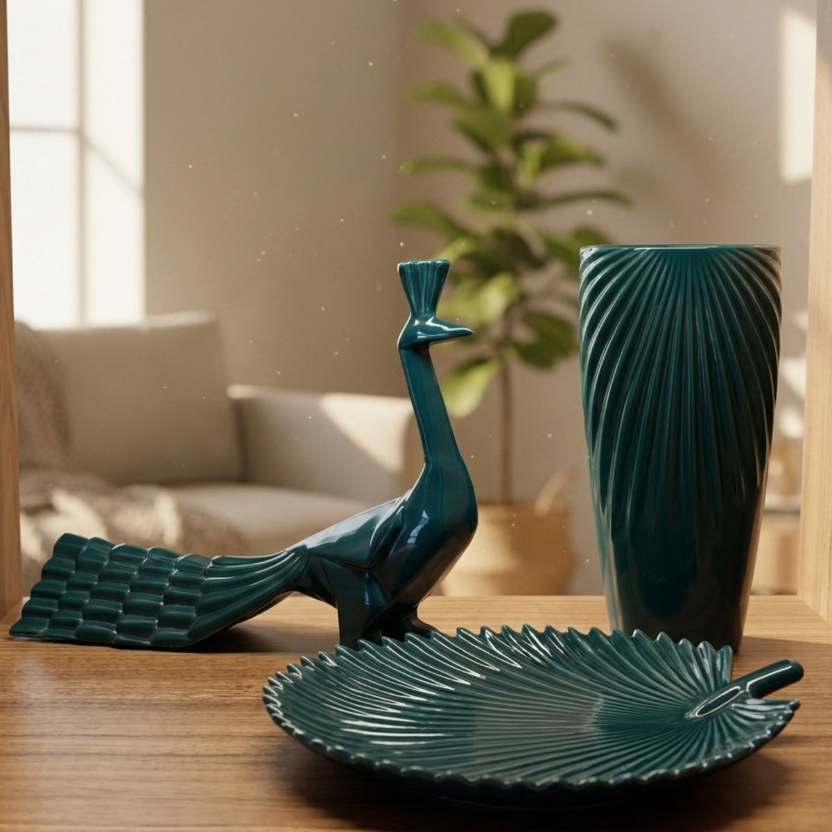 Leaf Glass Vase, Emerald Peacock Luxe Leaf Showpiece